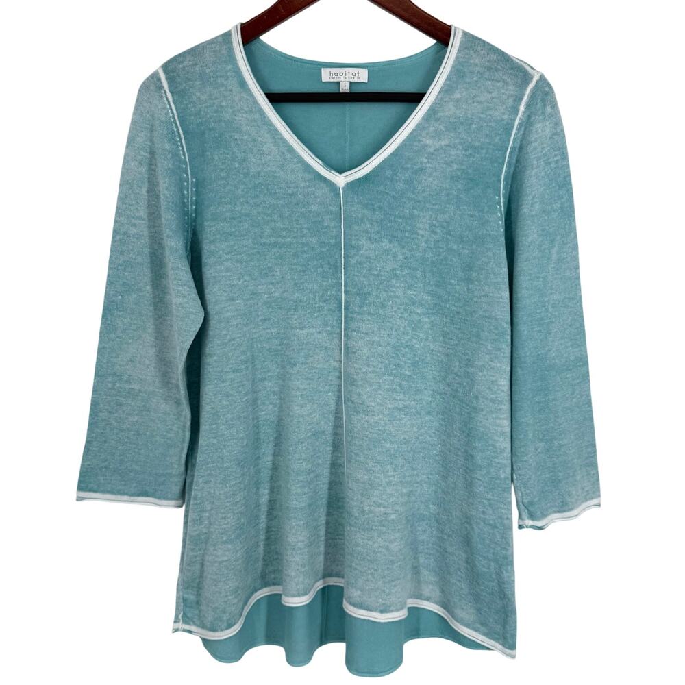 Habitat Sz Small Wearable Art to Wear Aqua Blue Knit Blouse Shirt Top Abstract